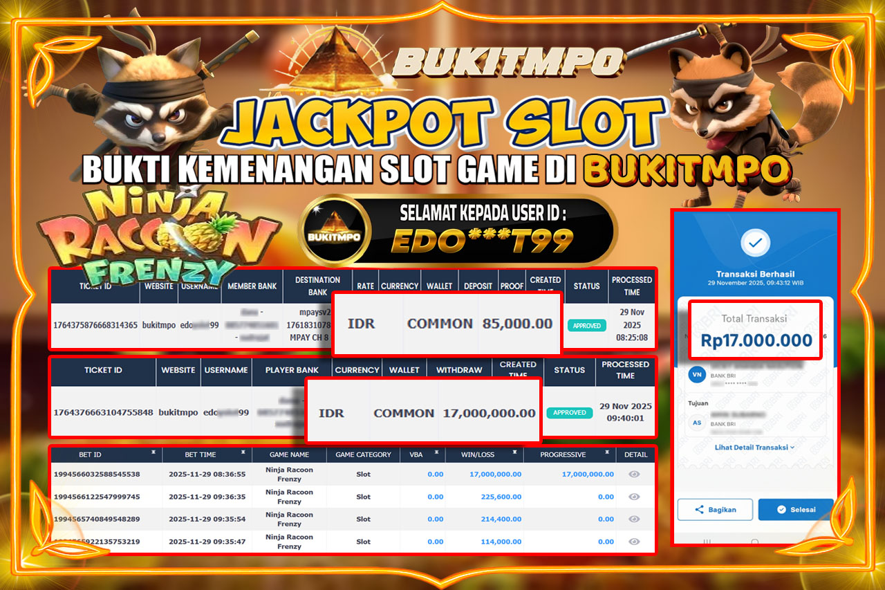 BUKITMPO JACKPOT NINJA RACOON FRENZY - PG SOFT Rp.17.000.000,- LUNAS
